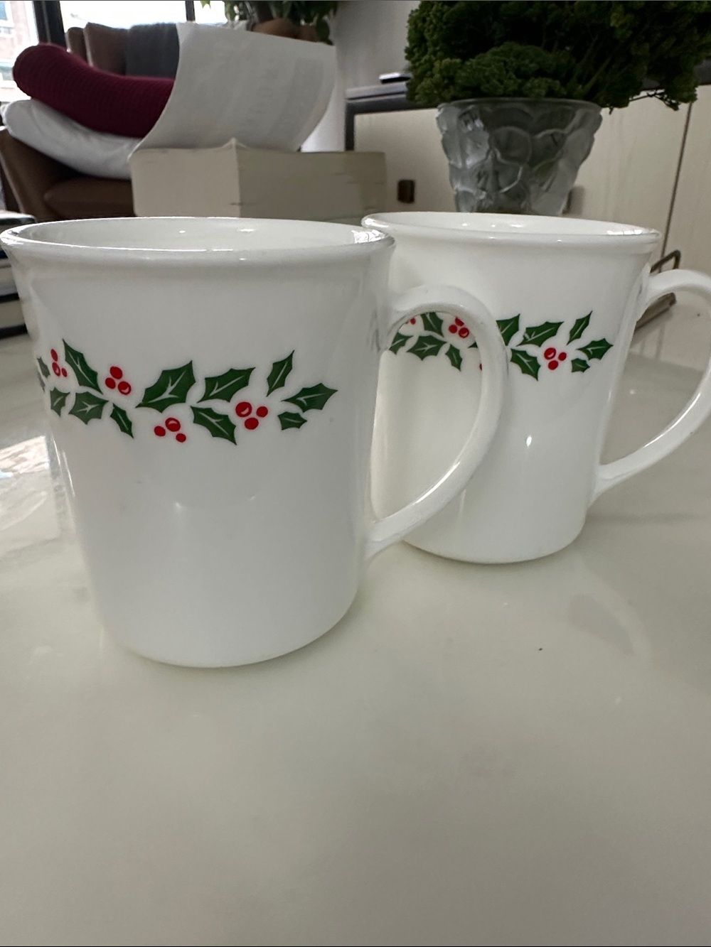 Vintage Corelle Winter Holly Christmas Mugs Set of 2 Corning Holiday Cups USA